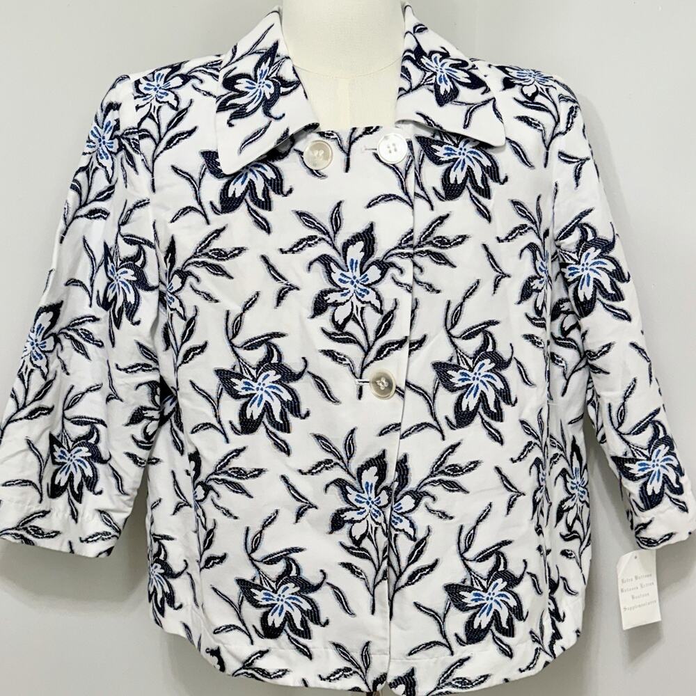 NEW Jones New York White Jacket Sz 16W Blue Floral Career Embroidered Martinique